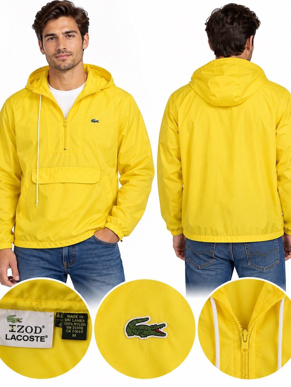 Vintage Izod Lacoste Men’s Yellow Hooded Windbreaker Nylon Jacket Small